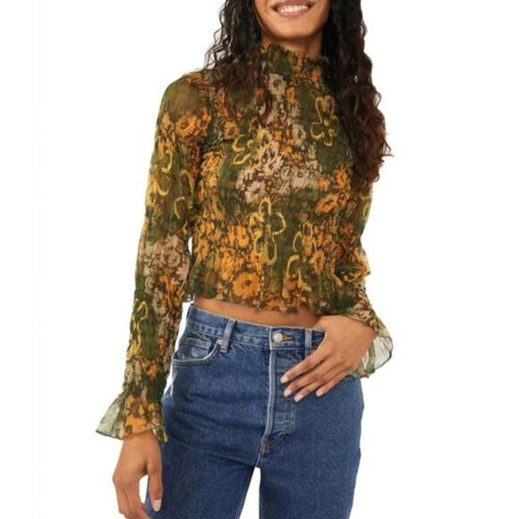FREE PEOPLE Hello There Sheer Floral Smocked Top Forest Combo {Z16} - Picture 1 of 7